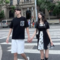 신혼여행 커플룩 허니문 원피스 커플티 휴양지 바캉스 시밀러룩 레이스 스티치 햅번 스타일 반팔 프렌치 커플 드레스