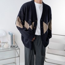 아가일 이중지 오버핏 V넥 니트 가디건(4color)