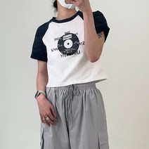 나그랑 레코드 프린팅 크롭 반팔티 Y2K 레트로 빈티지