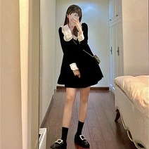 프릴 빅카라 베이비돌 검정색 긴팔 미니 원피스