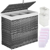 Greenstell 뚜껑이 있는 세탁 바구니 125L 대형 3섹션 의류 바구니 2가지 유형의 탈착식 라이너 백 및 5개의 메시 세탁 가방 수제 합성 라탄 분할 세탁 바구니, Gray