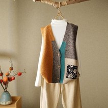 가을 여성 패널 빈티지 스웨터 조끼 버튼 카디건 니트 패션 민소매 v 넥 느슨한 캐주얼 스웨터 코트 2022