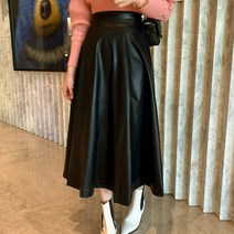 봄 허리 뒷밴딩 인조가죽 레더 플레어 A라인 롱 스커트