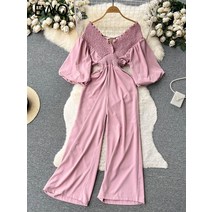 신도시룩 점프수트 스위트 스타일 점프 슈트 여성 셔링 넥 하이 웨이스트 레이스 업 랜턴 슬리브 솔리드 컬러 여름