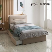 장인가구 아이브 엘린 LED 가죽헤드 3서랍 수납침대 SS_7존독립매트, 베이지