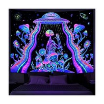 Galoker 블랙라이트 스켈레톤 태피스트리 트리피 버섯 플로럴 UV 반응성 외계인 UFO 갤럭시 스페이스 벽 걸이 홈 데코용(높이 177 8 x 너비 233 7cm(70 92 5, XLarge/70.8 ×92.5, Blacklight UFO 해골