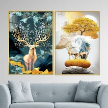 아트블루 풍수 인테리어 황금 사슴 동물 그림 액자, 4_사슴두마리 깃털+황금뿔사슴(청색배경)_2개세트
