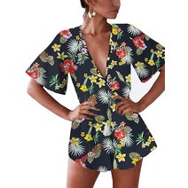 Famulily 여성용 플런지 브이넥 롬퍼 프린트 여름 해변 반바지 점프수트 플레이수트 블랙.
