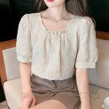 스타일아유 여름 여성 라운드넥 쉬폰 셔링 진주 주름 핀턱 반팔 블라우스 셔츠 데이트룩 오피스룩