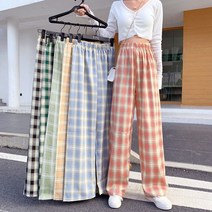 여성용 체크무늬 사계절 스판 밴딩 와이드 팬츠