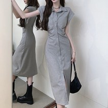버튼 클로징 데일리 카라 슬릿 소매 포켓 셔링 반팔 나시 롱 원피스