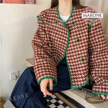 Makone 상표등록 핸드메이드숏자켓 카라없는 초겨울 하운드체크 자켓