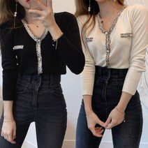 _ 진주 버클 단추 브이넥 블라우스 긴팔티 데일리 셔츠