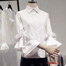 puildaug 봄과 가을 케이크 레이어 경적 소매 화이트 셔츠 여성 조커 달콤한 셔츠 탑