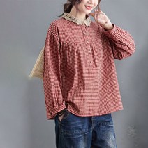 IBOY UGIRL 여성 빅사이즈 면마 루즈핏 카라 긴팔 체크 블라우스