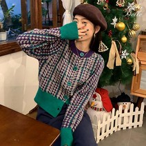 라라벨 여성용 니트 가디건 크롭 비쥬 패턴 니트가디건