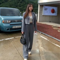 가을 크롭 자켓 와이드 밴딩 슬랙스 통 바지 여성 세미 정장 셋업 수트 투피스 코디 세트