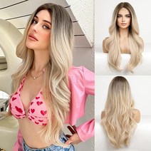 HAIRCUBE 여성용 긴 금발 가발 레이스 레이어드 컬리 헤어 중간 부분 다크 루트