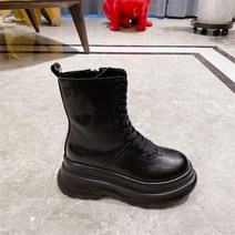 여성 가죽 레이스업 하이힐 마틴 롱 부츠 키높이 워커 마틴 통굽 웨지 구두 패션 신발