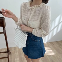 설세라 / 면 레이스카라 펀칭 자수 블라우스