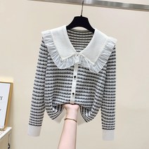 여성용 빅카라 레이스 루주핏 골지 니트 가디건 스웨터 하늘비즈 A25 R178V572