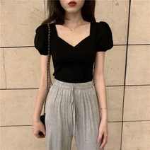 제+5 화이트 브이넥 페미닌 퍼프 슬림 반팔 티셔츠+모달 와이드 팬츠