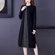 미미앤느 여성 라운드넥 세모 배색라인 블랙 그레이 우아한 프렌치 긴팔 중년 미디원피스