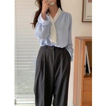 코지 여자 우아한 배색 브이넥 타이 프릴소매 블라우스