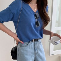 네쥬 여성 봄 여름 브이넥 무지 데일리 반팔 니트