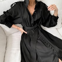 여성 의류 도매 가성비 디자인 여성 의류 한국어 세련된 프랑스 기질 하이 넥 글로스 싱글 브레스트 레이스 업 허리 랜턴 슬리브 무릎 드레스 롱 스커트