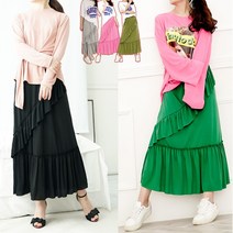 바닐라나인 스판좋은 면 사선캉캉 밴딩 롱스커트 치마 6Colors
