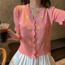 수놓은 짧은 소매 니트 셔츠 여자 2022 년 여름 한국 여자 얇은 V-목 슬림 카디건 짧은 자켓 여성용 조수