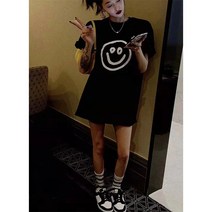 DFMEI 미쓰에이 스마일 티셔츠 여성 오버사이즈 미디엄 기장 다운사이즈 하의실종 반팔 봄옷