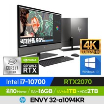 [외장하드+한컴 증정!] HP ENVY 일체형PC 32-a1094KR 고사양 고성능 전문가용 영상편집 게이밍 윈도우10 32인치 올인원PC (코어i7-10700/RTX2070), 블랙, 코어i7, 3072GB, 16GB, 윈도우 홈