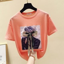 여친티셔츠 라운드 프린트 리본 큐빅 캐주얼 반팔티
