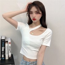 면 95% 스판 5% 주의기 쇄골노출 반팔 슬림 티셔츠 숏 여름