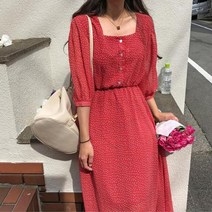 하트단추 도트 레드 쉬폰 7부 드레스 원피스 긴기장 롱 스퀘어넥