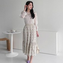 여자 여리핏 티어드 고무줄 꽃무늬 롱스커트
