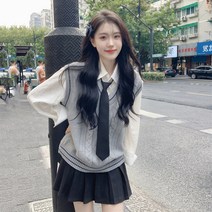 회색 브이넥 니트 조끼 여자 초봄 일과 조끼 조끼 헐렁헐렁하다 날씬하다 민소매 학원풍 상의 춘추