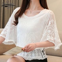 여성용 상의 및 블라우스 여름 탑 패션 숙녀용 탑스 레이스 화이트 셔츠 단색