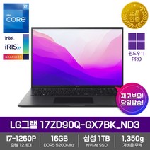 LG 그램 17ZD90Q-GX7BK_ND3 [WIN11PRO/i7-1260P/DDR5 RAM 16GB/삼성NVMe1TB/17형 WQXGA] 재택 사무 업무 학생용 휴대용 노트북, WIN11 Pro DSP, 16GB, 1TB, 코어i7, 옵시디안 블랙