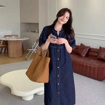 Crzen 와이드 데님 원피스 여자 여름 얇은 미디 원피스 23N518