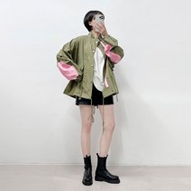 빈티지 핑크 패치 배색 루즈핏 숏 야상 점퍼