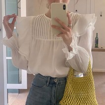 핀턱 프릴 블라우스 어깨 프릴 소매 밴딩 앞뒤 언발