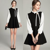 결혼식하객 원피스 리본 A라인 면 플레어 스커트 블랙 신부 예복 결혼식 반팔