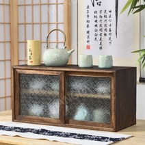 일본식 앤틱 원목 빈티지 그릇장 주방 수납장 그릇장식장 홈카페, 탄 오동나무 XL(유리무늬2호)