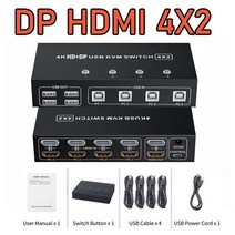 KVM케이블 HDMI 및 디스플레이 포트 KVM 스위치 듀얼 모니터 4 컴퓨터 4K 60Hz 혼합 4X2 2X2 DP USB 스위처 키보드 마우스 PC, [02] DP HDMI 4X2, [01] EU Plug