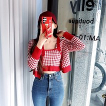 도도스타일 애플체크 크롭나시 가디건 키작녀 세트