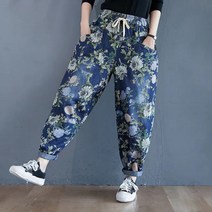 특이한청바지 빈티지 인쇄 캐주얼 느슨한 바지 여성 여름 패션 bigsize streetwear 하렘 숙녀 레이스 업 탄성 허리 청바지