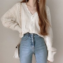 주디앤 여성 스프링타임 봄 가을 브이넥 진주 긴팔 루즈핏 가디건 리빙공감